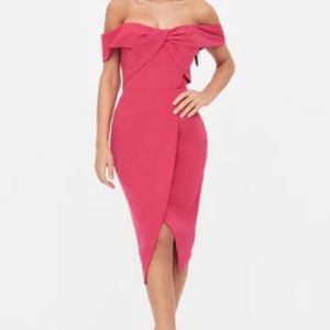 NWT Lavish Alice Woven Twist Bardot Midi Dress, Pink, Size 8